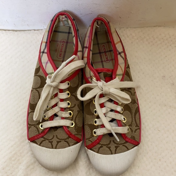 Rare Coach Zorra Brown & Hot Pink Plaid Signature Print Lace Up Sneakers 6.5 B - Picture 2 of 8